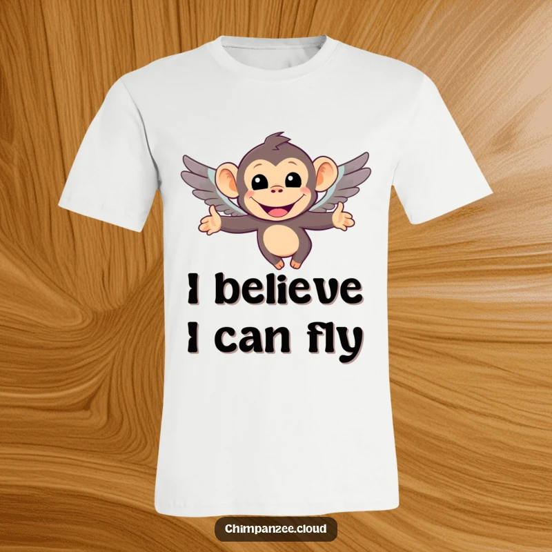Funny t-shirt featuring a smiling chimpanzee character attempting to fly with comically small wings. A humorous and charming design for primate lovers.