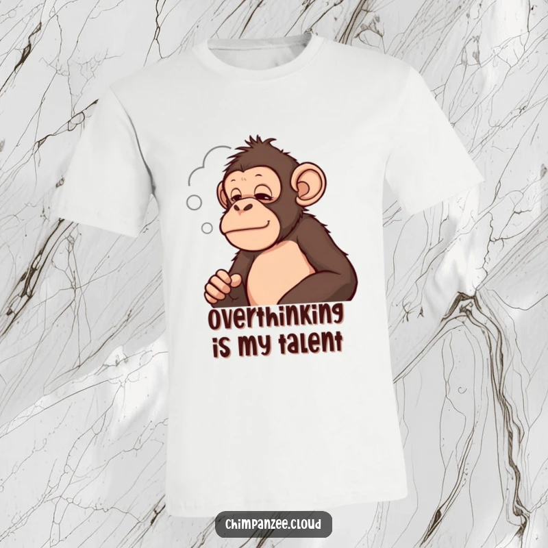 Funny chimpanzee intently looking at a cloud formation, a humorous t-shirt for contemplation and introspection.