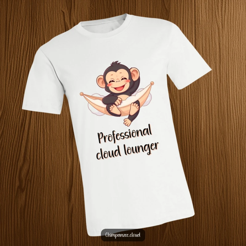 Funny chimpanzee t-shirt, relaxing contentedly on a cloud hammock, serene humor, comfy primate graphic.
