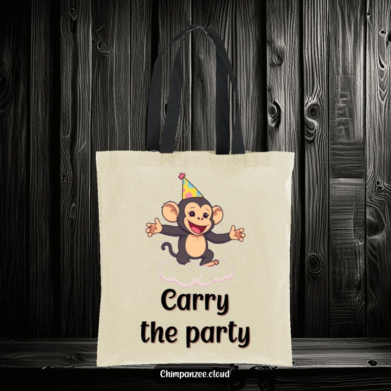 Funny Chimp Party Tote Bag: A cheerful chimpanzee in a party hat dances joyfully on a cloud, practical and festive.