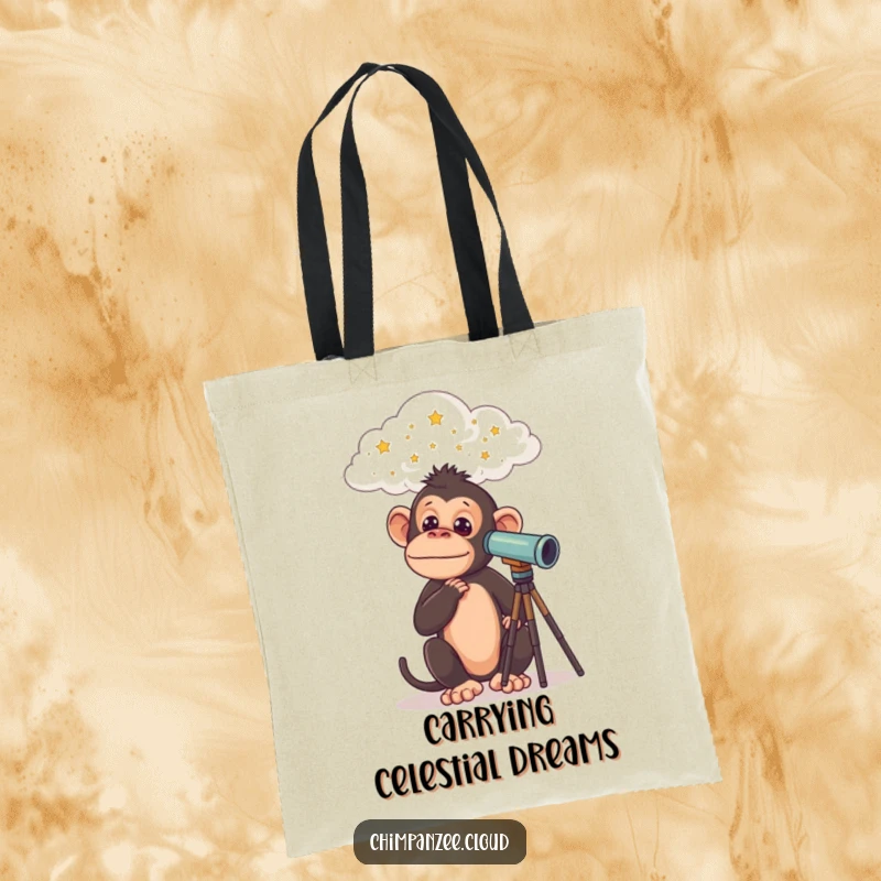 Funny Chimp Tote Bag: Curious chimpanzee with telescope on a cloud, looking at stars, a whimsical and funny accessory, great funny gift.