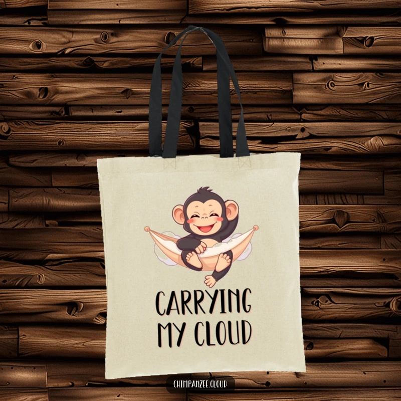Funny chimpanzee tote bag, relaxing on a cloud hammock, whimsical and practical, perfect for errands.