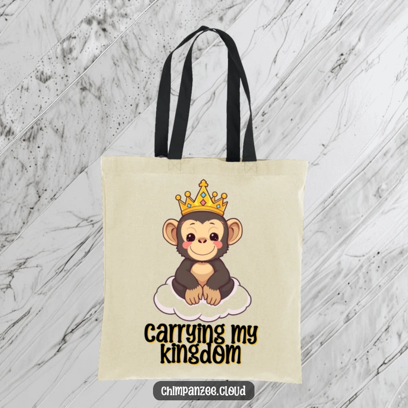 Funny tote bag featuring a cute chimpanzee in a crown, sitting like a king on a fluffy cloud.