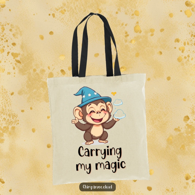 Funny chimpanzee wizard conjuring cloud shapes, magical tote bag for carrying spells and potions.