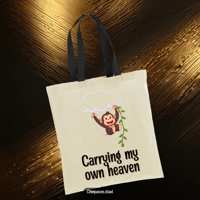 Funny chimpanzee character energetically swinging from a cloud attached by a vine, perfect for carrying your daily necessities with humor.