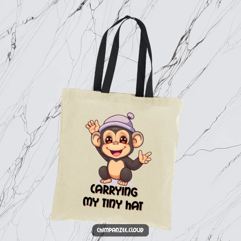 Funny tote bag illustration of a cheerful chimpanzee wearing a small hat and waving hello enthusiastically.