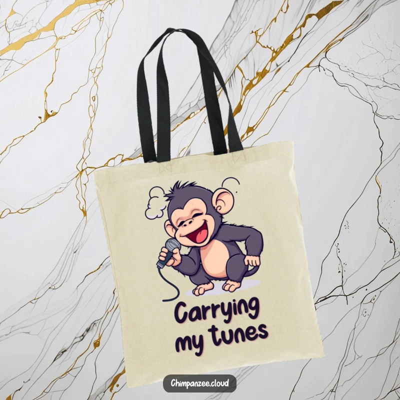 Funny Chimp Mic Tote Bag: A playful chimpanzee sings into a cloud with a tiny microphone, practical and musical.
