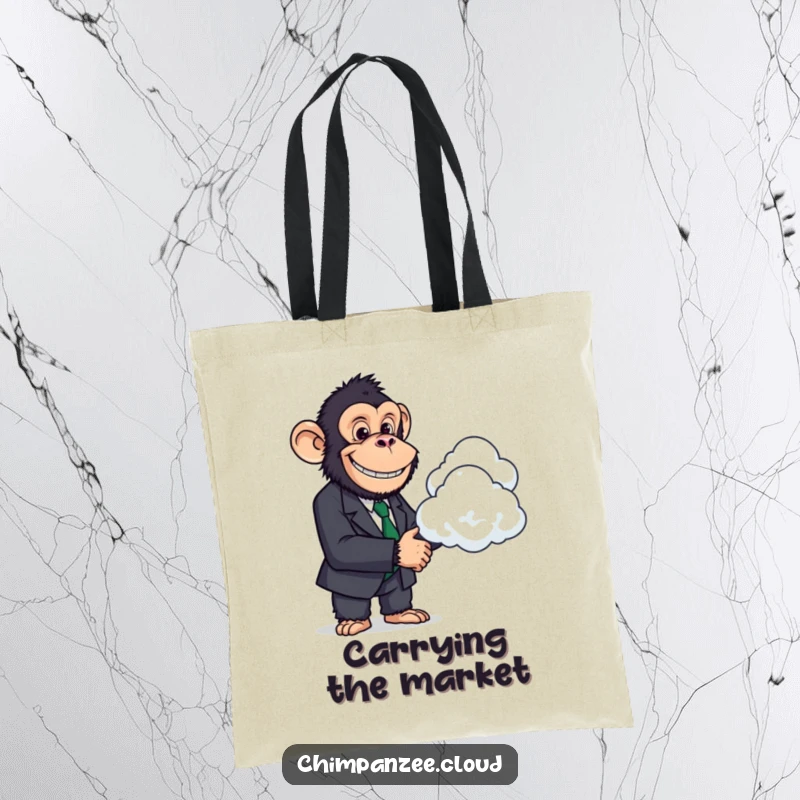 Funny Business Chimp Tote Bag: A chimpanzee in a suit shakes hands with a cloud, practical and humorous for carrying essentials.