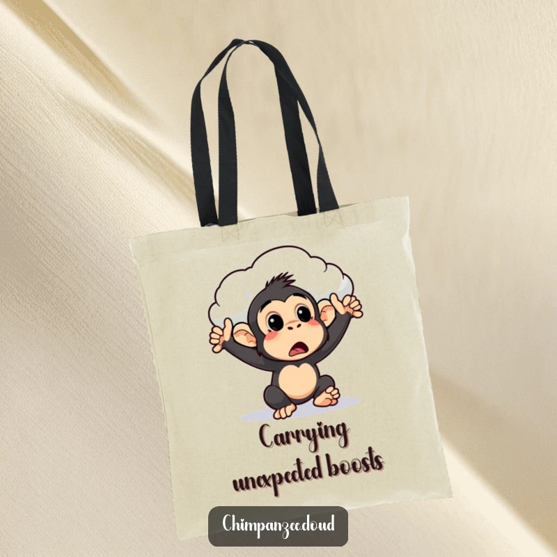 Funny surprised chimpanzee tote bag being nudged by a cloud, a whimsical and humorous accessory for carrying items with a smile.