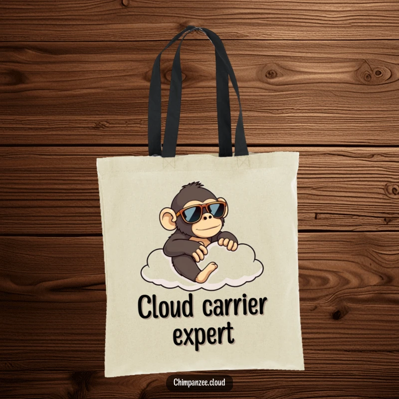 Funny chimpanzee in sunglasses lounging on a cloud, a spacious and humorous tote bag for a funny gift.