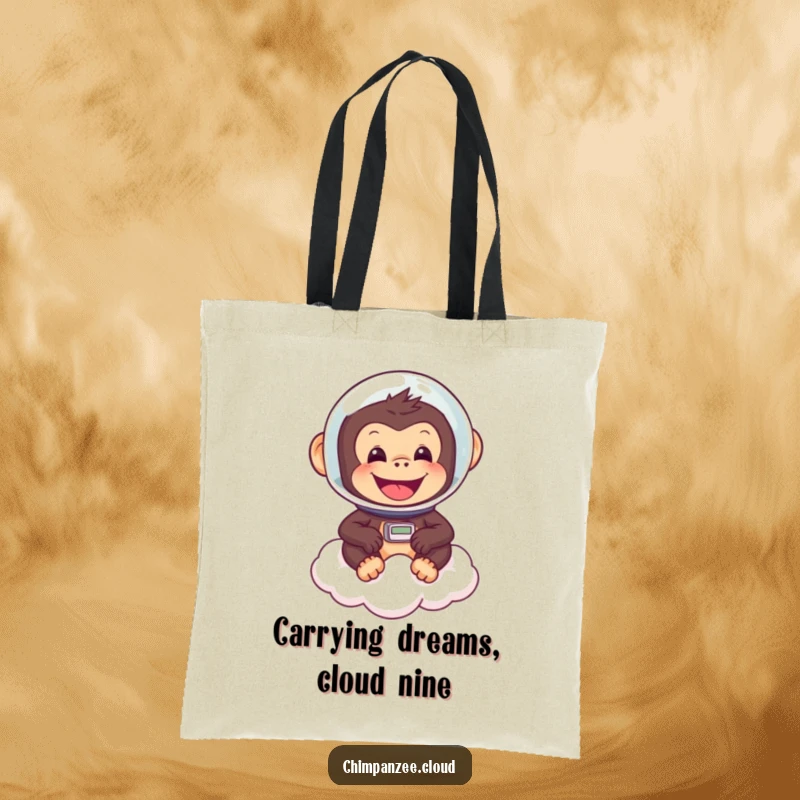 Funny chimp in astronaut helmet floating on a cloud, cheerful expression, practical tote bag for everyday space exploration.