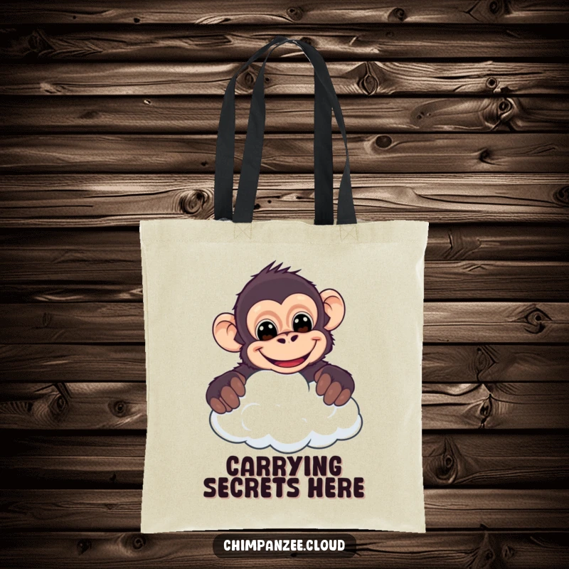 Funny chimpanzee tote bag, cheeky character peeking over a cloud with a happy, wide grin, a humorous carry-all.