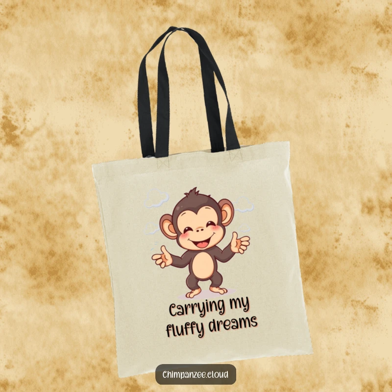 Funny chimp tote bag with a cheerful chimpanzee character artistically juggling small, fluffy clouds.