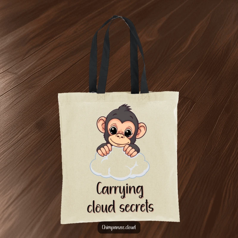 Funny chimpanzee tote bag showing a curious chimp peeking over the edge of a cloud, ideal for carrying your goodies.