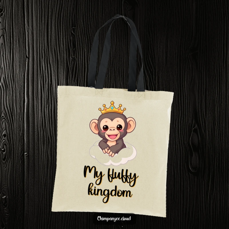 Funny Chimp Tote Bag: Cute crowned chimpanzee gracefully riding a fluffy cloud, a whimsical and funny accessory, great funny gift.