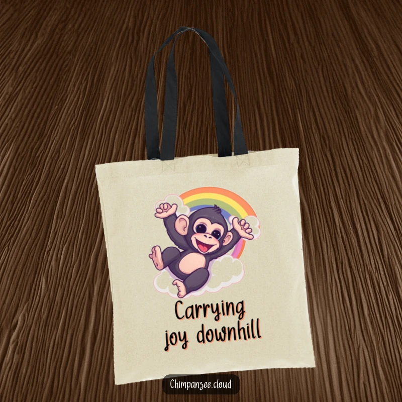 Funny chimp sliding down a fluffy cloud rainbow, featured on a spacious tote bag for carrying fun items.