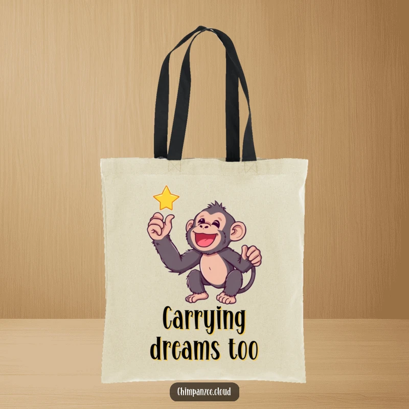 Funny chimp reaching for a twinkling star, featured on a tote bag, inspiring users to pursue their ambitions.