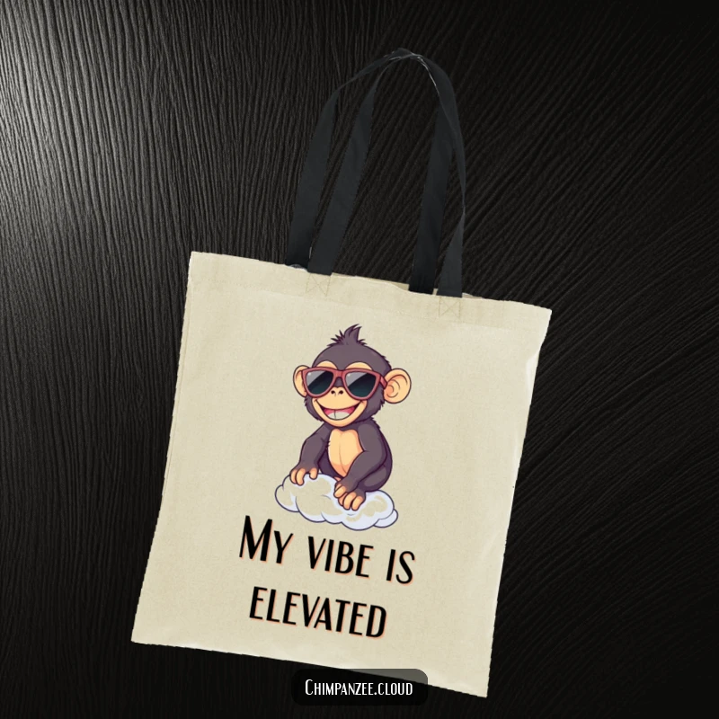 Funny chimp with sunglasses, chilling on a cloud, holding a tote bag, ready for shopping and smiles.