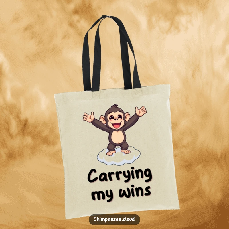 Funny chimpanzee standing triumphantly on a cloud, arms outstretched, tote bag design for achievers.