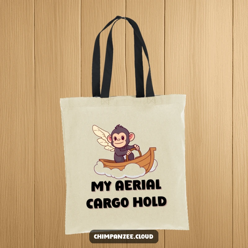Funny chimpanzee with wings at the helm of a cloud boat, designed on a tote bag, ready for whimsical shopping trips.