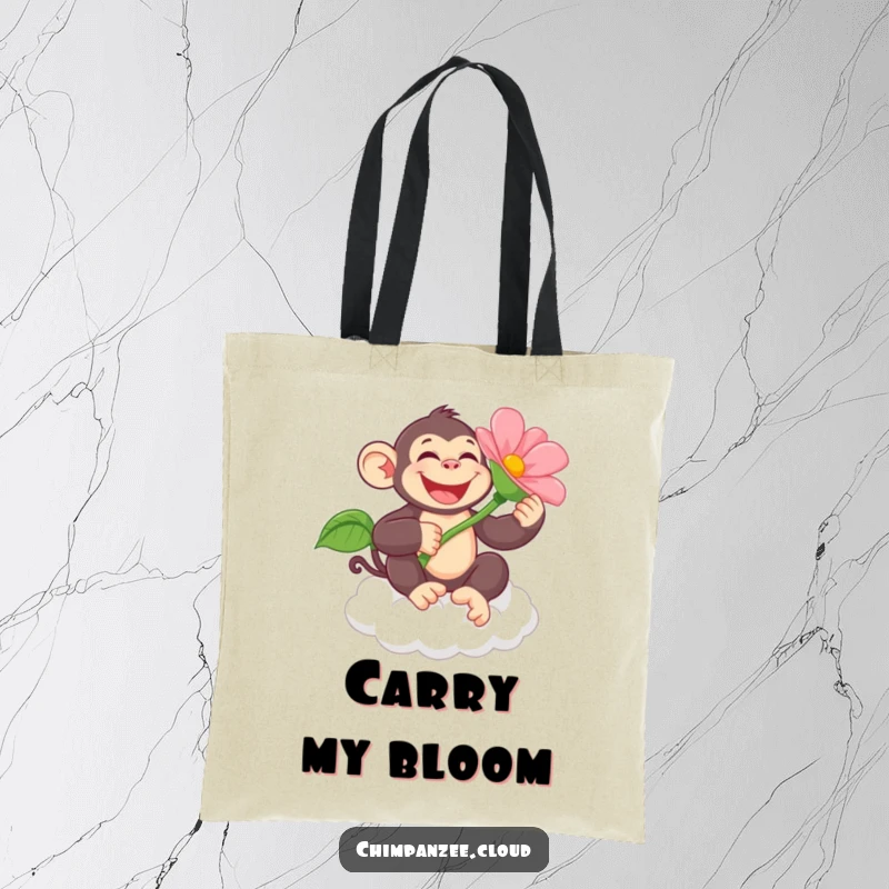 Funny chimpanzee character with a giant flower on a cloud deck, featured on a durable tote bag for a touch of whimsical style and humor.