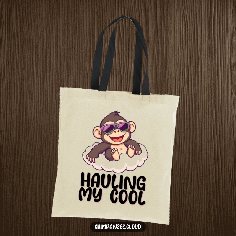 Funny tote bag with a happy chimpanzee in sunglasses sliding down a cloud, perfect for carrying essentials with a cool, humorous vibe.