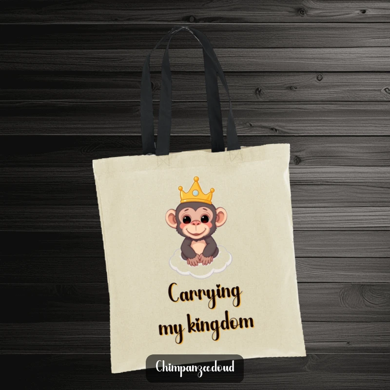 Funny tote bag with an image of a chimpanzee wearing a crown, floating serenely on a cloud, a majestic carry-all.