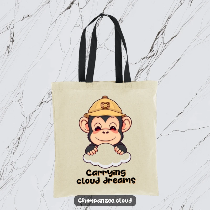Funny tote bag featuring a cute chimpanzee explorer peeking over a cloud, ready to carry your treasures with style and humor.