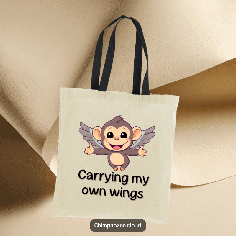 Funny tote bag with a smiling chimpanzee character attempting to fly using tiny wings. A whimsical and practical accessory for humor lovers.