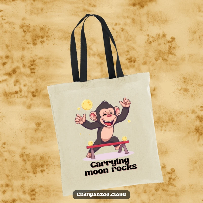 Funny chimpanzee tote bag, playing leapfrog with moons, whimsical space art, useful and humorous accessory.