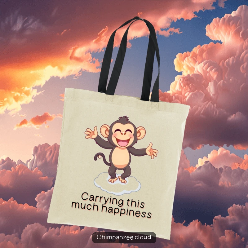 Funny chimpanzee dancing ecstatically on a cloud, a humorous tote bag design for carrying good vibes.