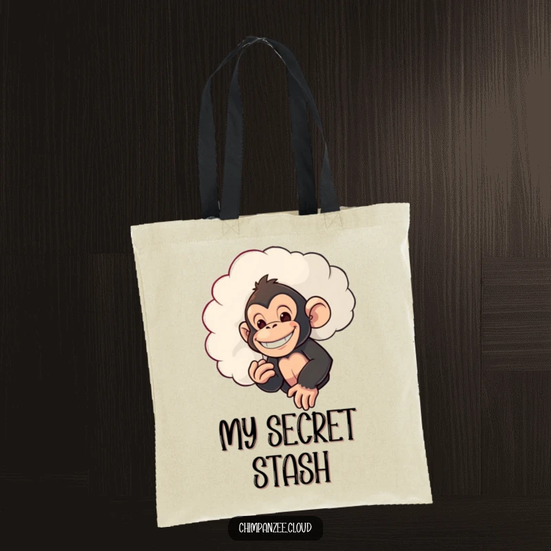 Funny tote bag featuring a mischievous chimpanzee with a grin, peeking from behind a cloud, carrying your items with sneaky flair.