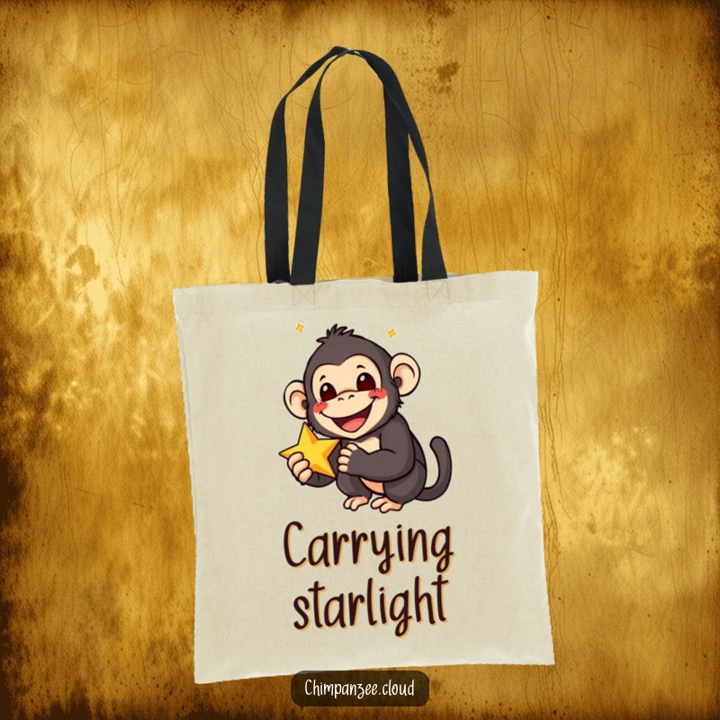 Funny tote bag featuring a smiling chimpanzee with wide eyes, holding a star, carrying your belongings with pure joy.