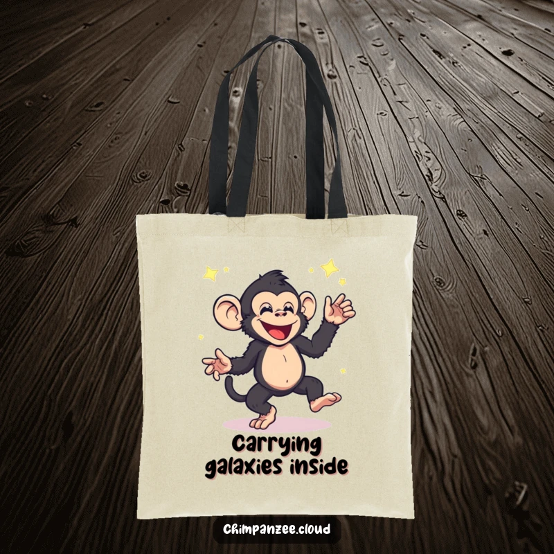 Funny chimpanzee tote bag, energetic character dancing joyfully with floating star dust, a vibrant and spacious carry-all.