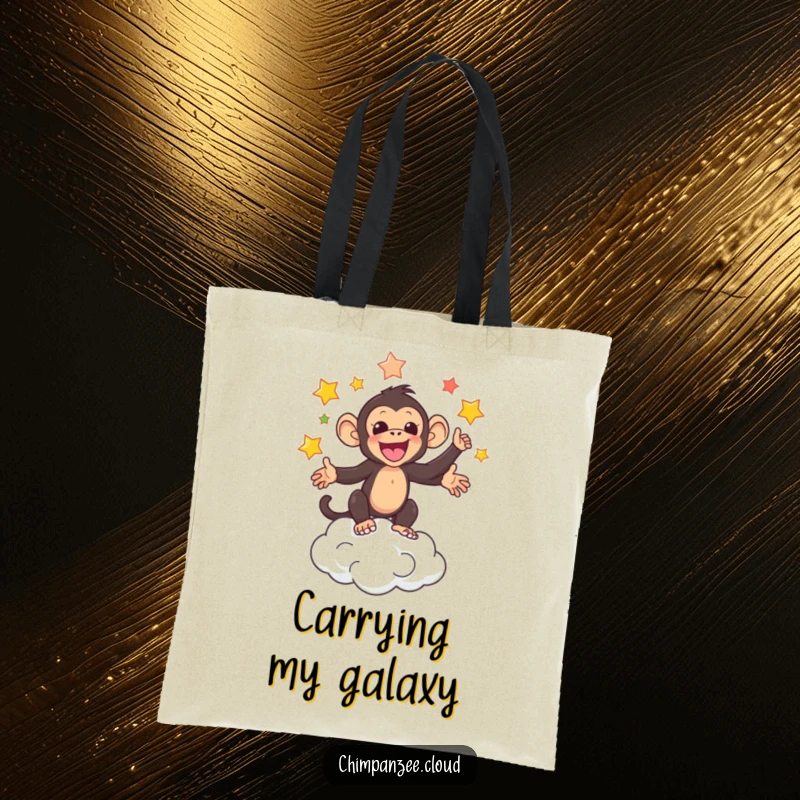 Funny tote bag featuring an adorable chimpanzee juggling colorful stars above a cloud, ready for errands.