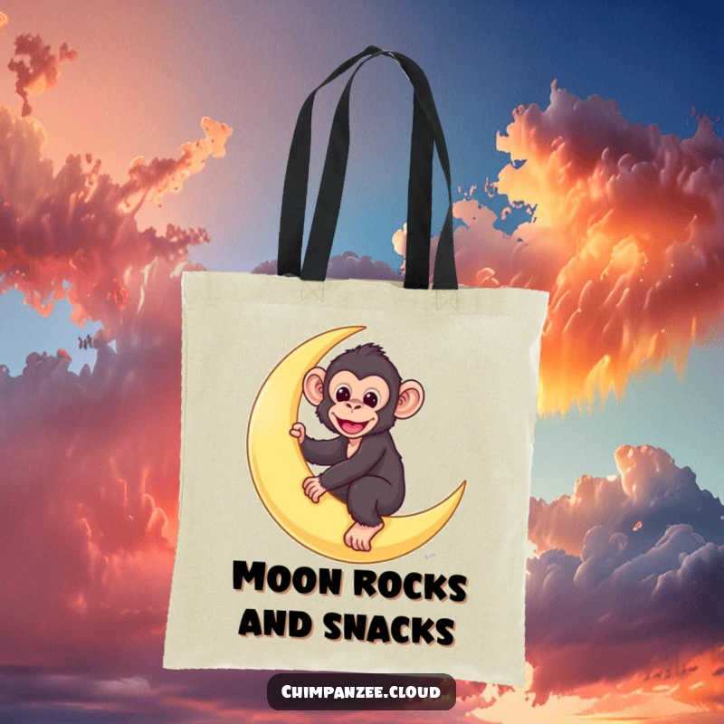 Funny chimp tote bag with a cute chimpanzee character riding a crescent moon through a dreamy night sky.