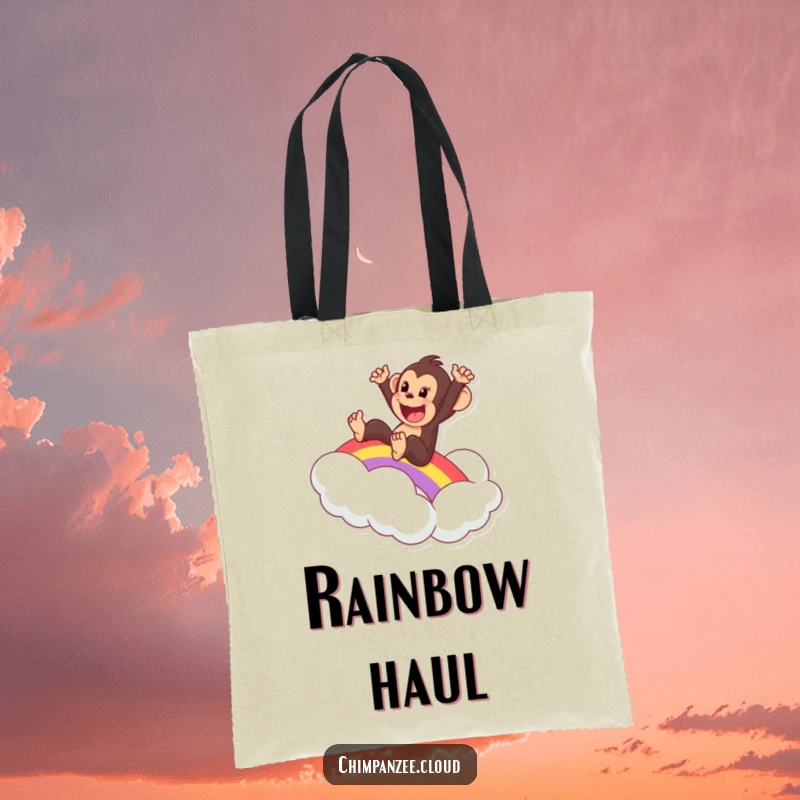 Funny tote bag with an excited chimpanzee sliding down a rainbow onto a cloud, a whimsical and practical accessory.